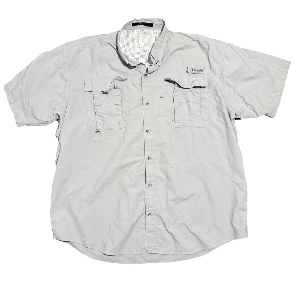 Mens Columbia PFG Omni Shade Bahama XL Short Sleeve Gray Fishing Shirt Vented